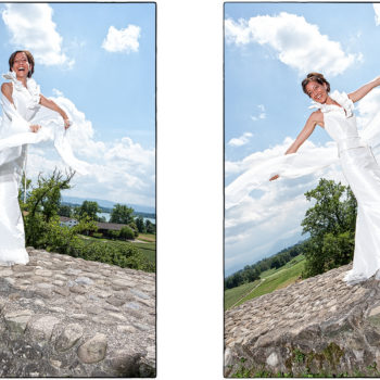 Hochzeitsbild Paarbild Paarfotos Paaraufnahmen Hochzeitsaufnahmen von Rebecca & Manfred Rebecca Hochzeitkleid in luftiger Höhe